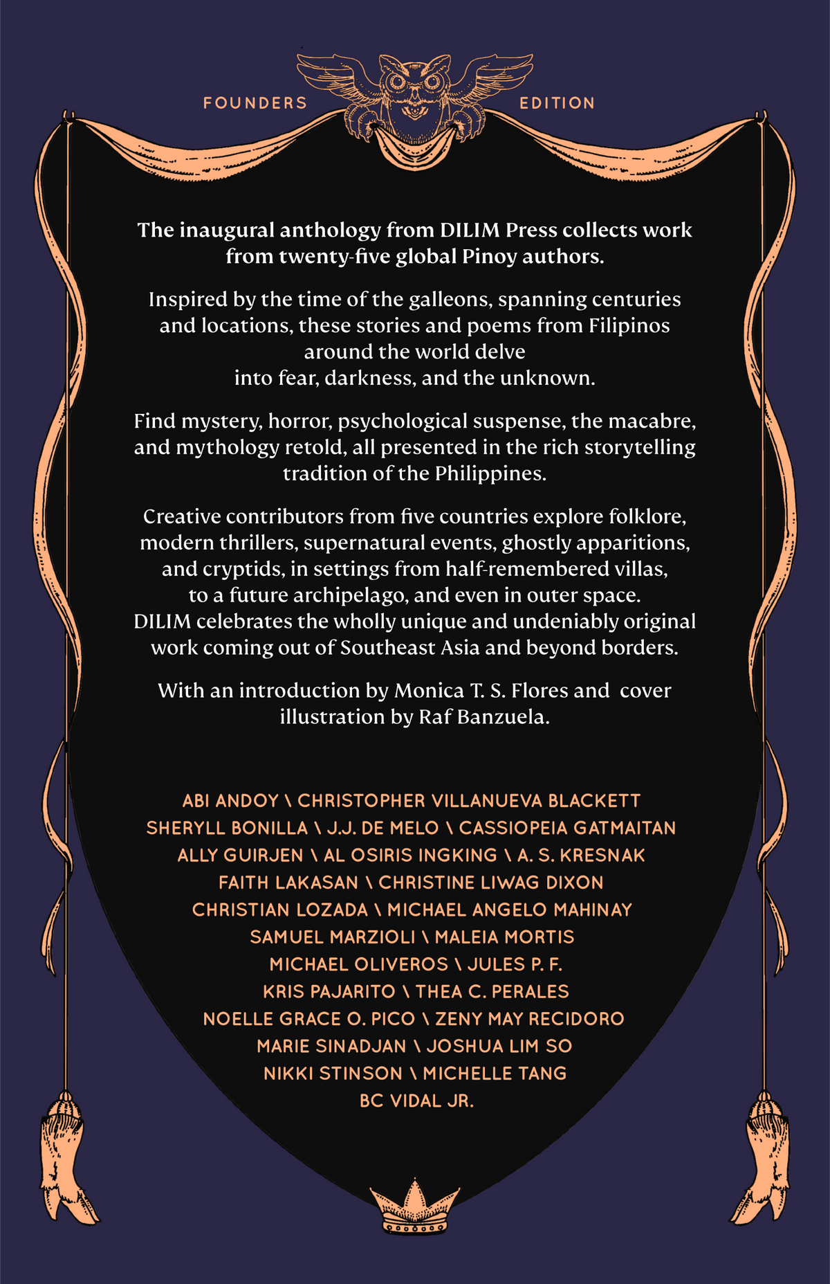 A back cover cover for 'Founders Edition' by DILIM Press, featuring a dark navy blue background with ornate gold borders and gold text detailing the anthology's collection of Filipino poetry and fiction.