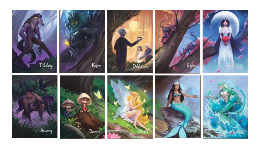 A set of illustrated postcards featuring different mythological creatures. Each card displays a character, with accompanying text labels.
