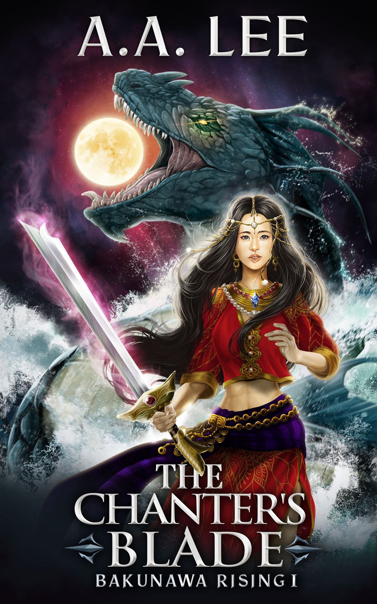 Book cover of The Chanter's Black: Bakunawa Rising 1 by A.A. Lee. An Asian girl wearing precolonial Filipino clothing is holding a large sword. She is standing in front of a large water dragon coming out of water eating a moon.