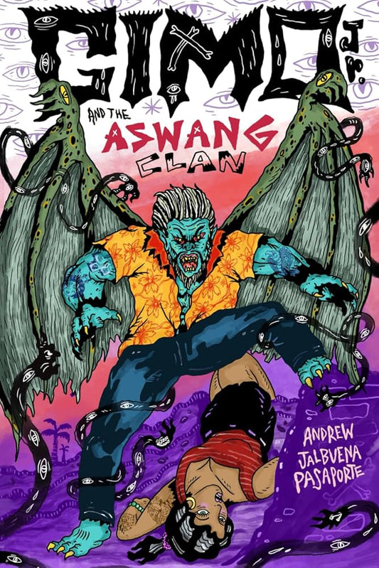 Book cover of 'Gimo and the Aswang Clan' with a creature and a person on a colorful background.