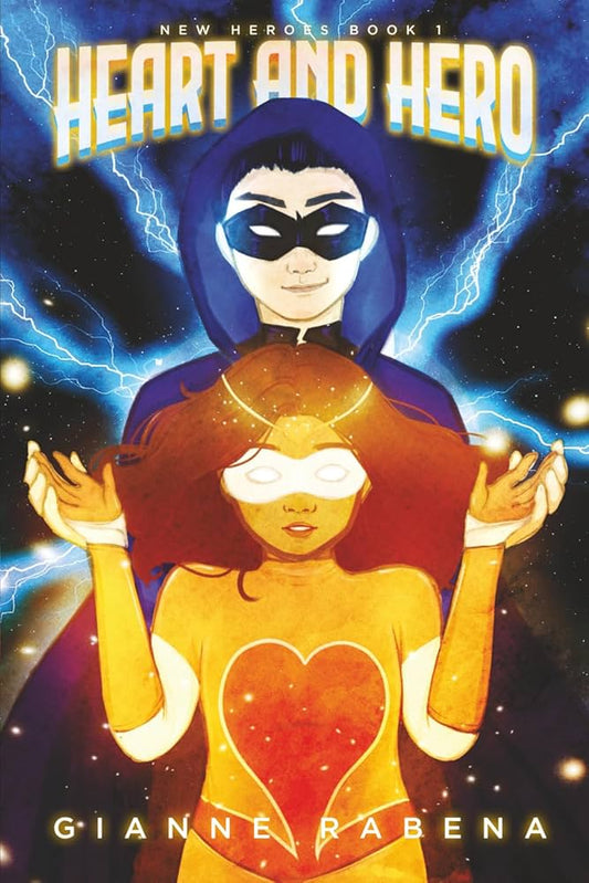 Book cover of 'Heart and Hero' featuring two superhero characters against a cosmic background.