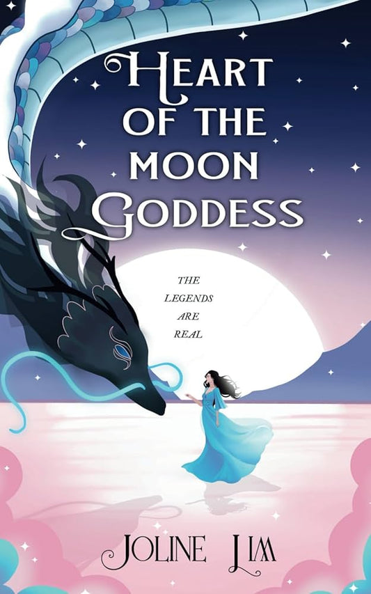 Book cover of 'Heart of the Moon Goddess' with a dragon and moon in the background