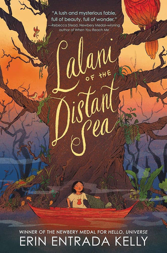 Book cover of 'Lalani of the Distant Sea' with a tree, boat, and child illustration.