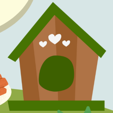 Illustration of a brown dog house with a green roof and heart shapes on a light blue background.