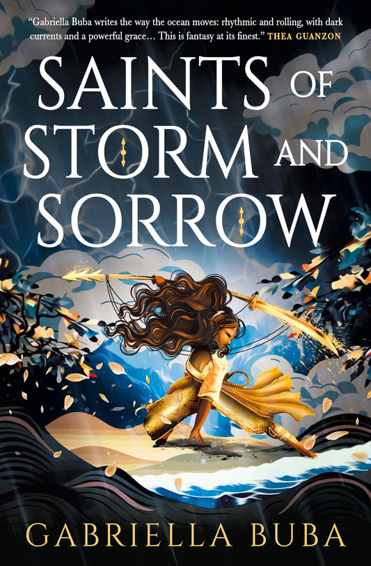 Book cover of 'Saints of Storm and Sorrow' with a woman in a gold dress amidst stormy weather.