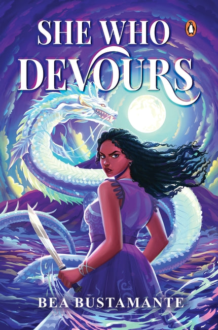 Book cover of 'She Who Devours' featuring a woman with a dragon and moon in the background.