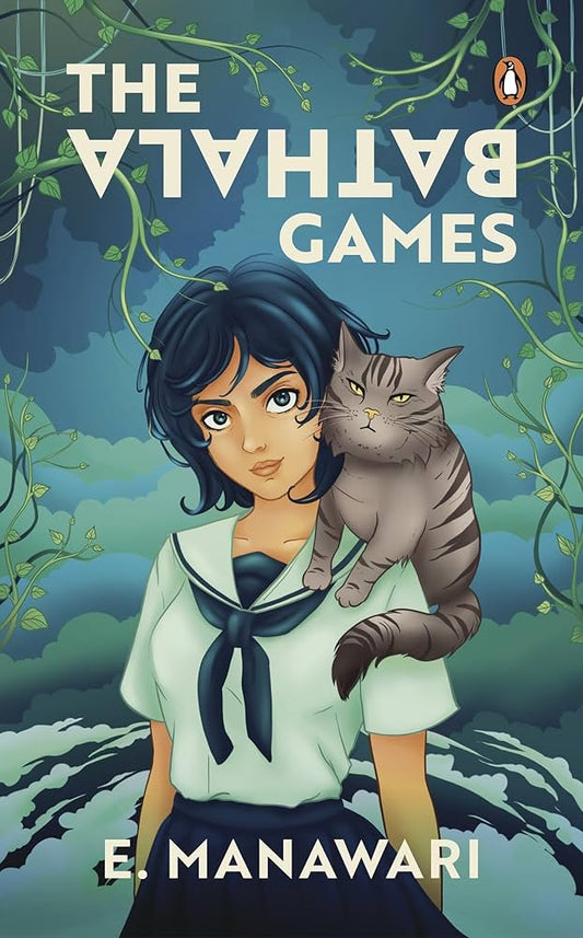 Book cover of 'The Bathala Games' with a woman and cat against a forest background