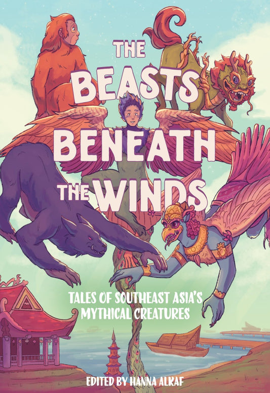 Book cover of 'The Beasts Beneath the Winds' with illustrations of mythical creatures and a traditional building.