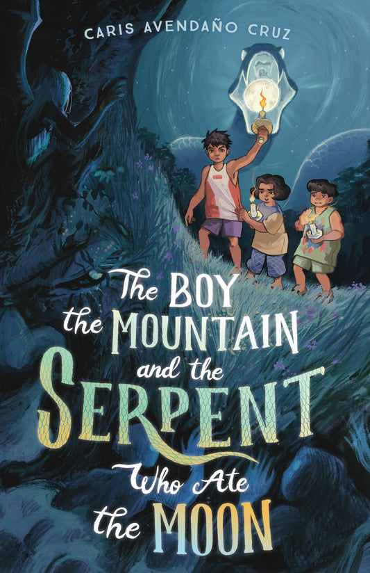 Book cover of 'The Boy, the Mountain, and the Serpent Who Ate the Moon' with three children and a lamp in a dark forest setting.