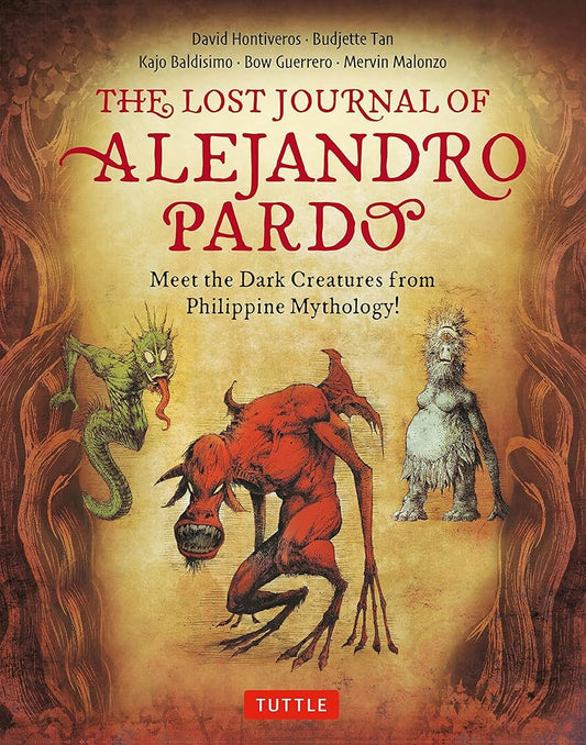 Book cover of 'The Lost Journal of Alejandro Pardo' with illustrations of dark creatures on a brown background.