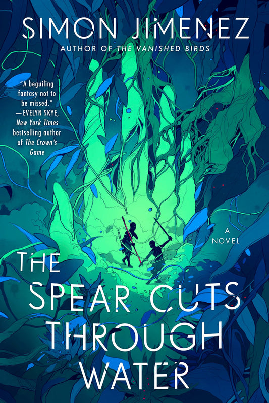 Book cover of 'The Spear Cuts Through Water' by Simon Jimenez with underwater scene and two figures.