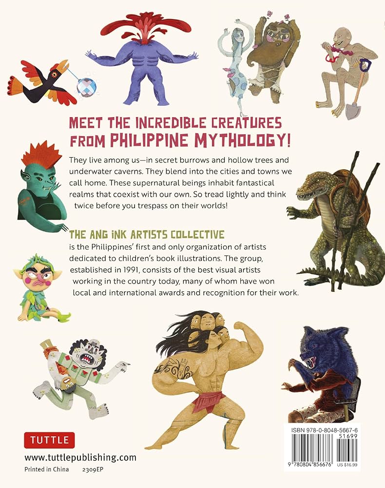 Back cover of a book featuring illustrations of Philippine mythology creatures with text about the artists and publishing house.