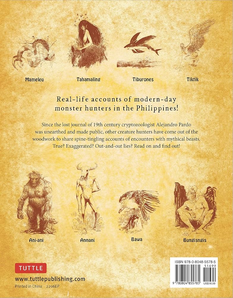 Back cover of a book with illustrations of mythical creatures and text about modern-day monster hunters in the Philippines.