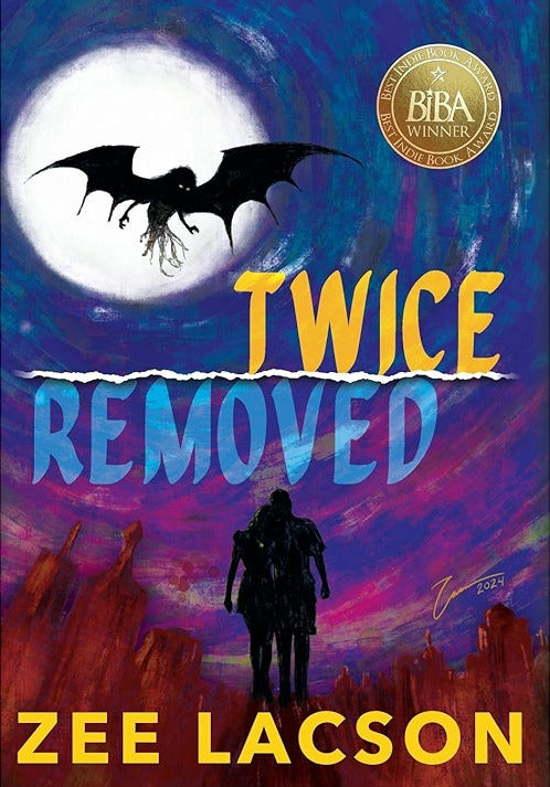 Book cover of 'Twice Removed' by Zee Lacson with a silhouette and bat design.