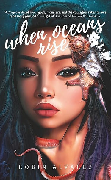 Book cover of 'When Oceans Rise' with a woman's face and starfish, featuring text about the author and book.