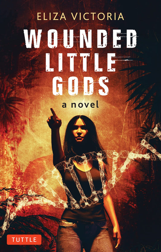 Book cover of 'Wounded Little Gods' by Eliza Victoria with a woman pointing upwards against a dark background.