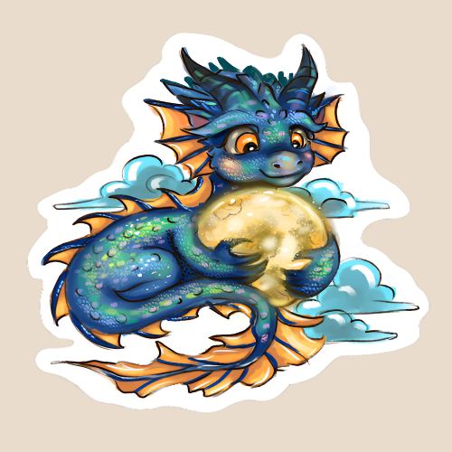 Sticker of colorful dragon holding a gold moon on a beige background