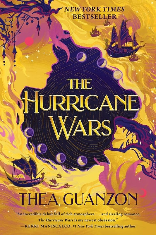 Book cover of 'The Hurricane Wars' by Thea Guanzon with a stylized hurricane and ships on a yellow background.