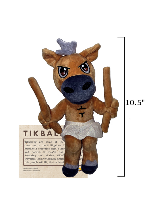 A plush toy depicting a creature with the head of a horse, body of a human, holding sticks.